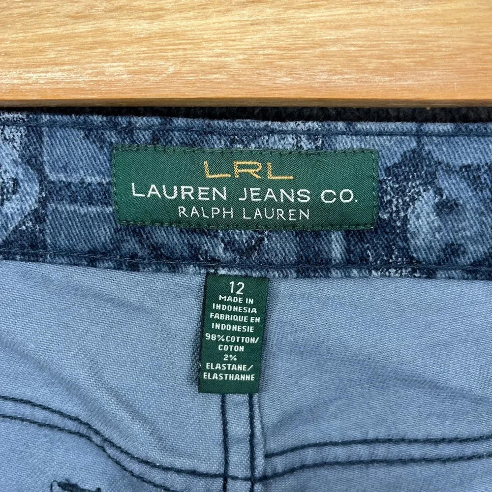 Lauren Ralph Lauren Straight Pants Women 12 Blue Southwestern Tribal Print Denim